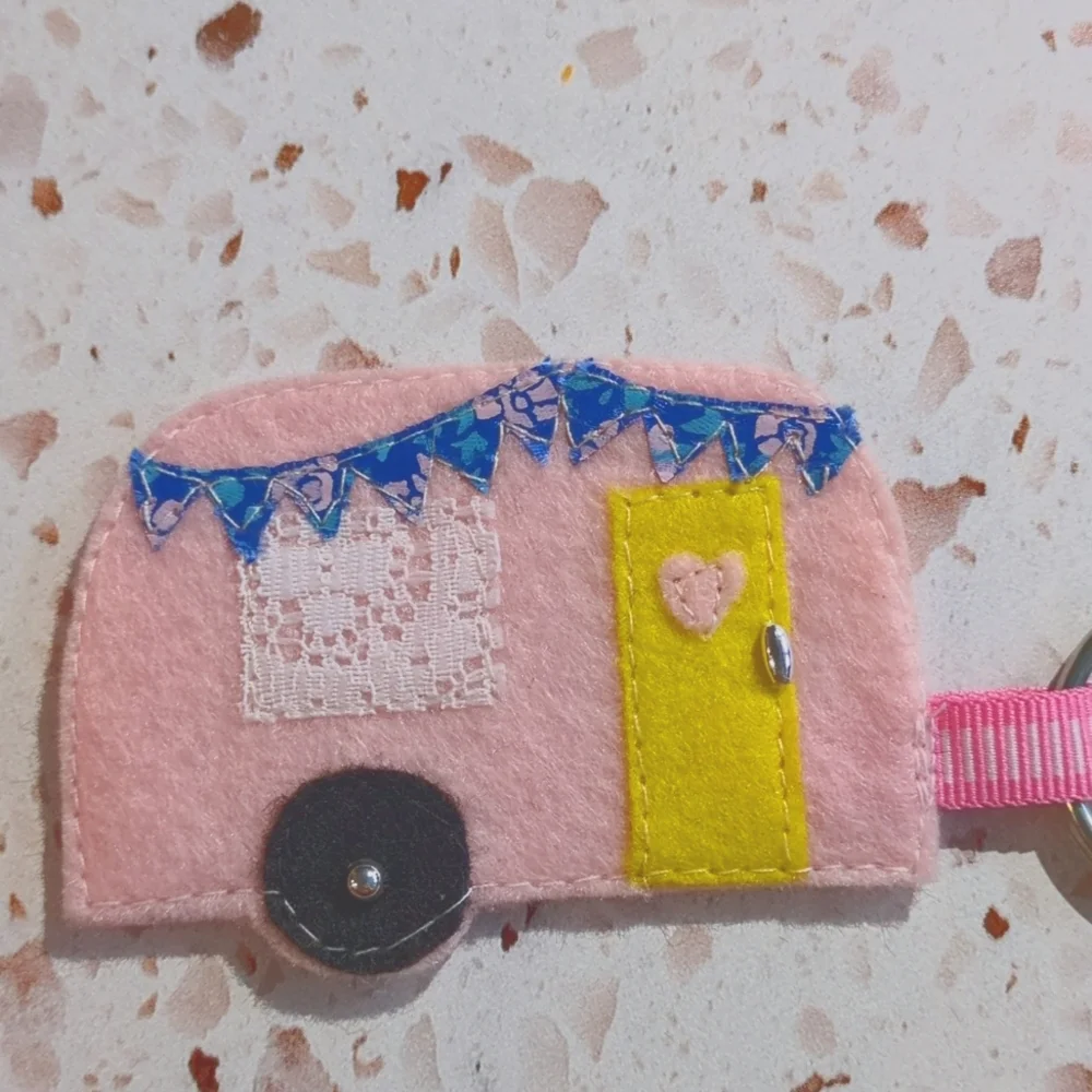 Happy Camper Key Fob Pink Handcrafted Cute Applique Lace Ribbon Bead | New #6